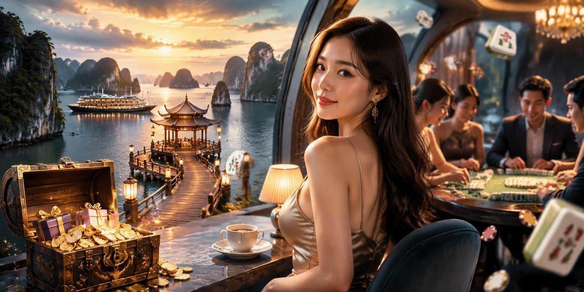 Nhóm bạn tại Hạ Long thư giãn với trò chơi bài và cà phê bên bờ vịnh buổi chiều