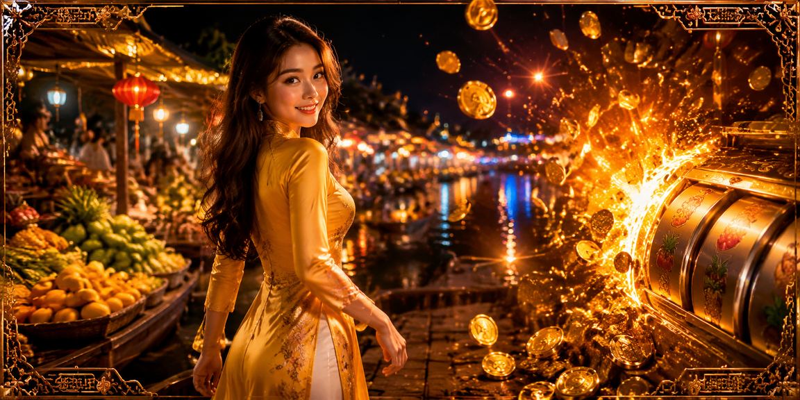 Người chơi tại chợ đêm vùng Mekong thử vận may với slot game trực tuyến trên điện thoại